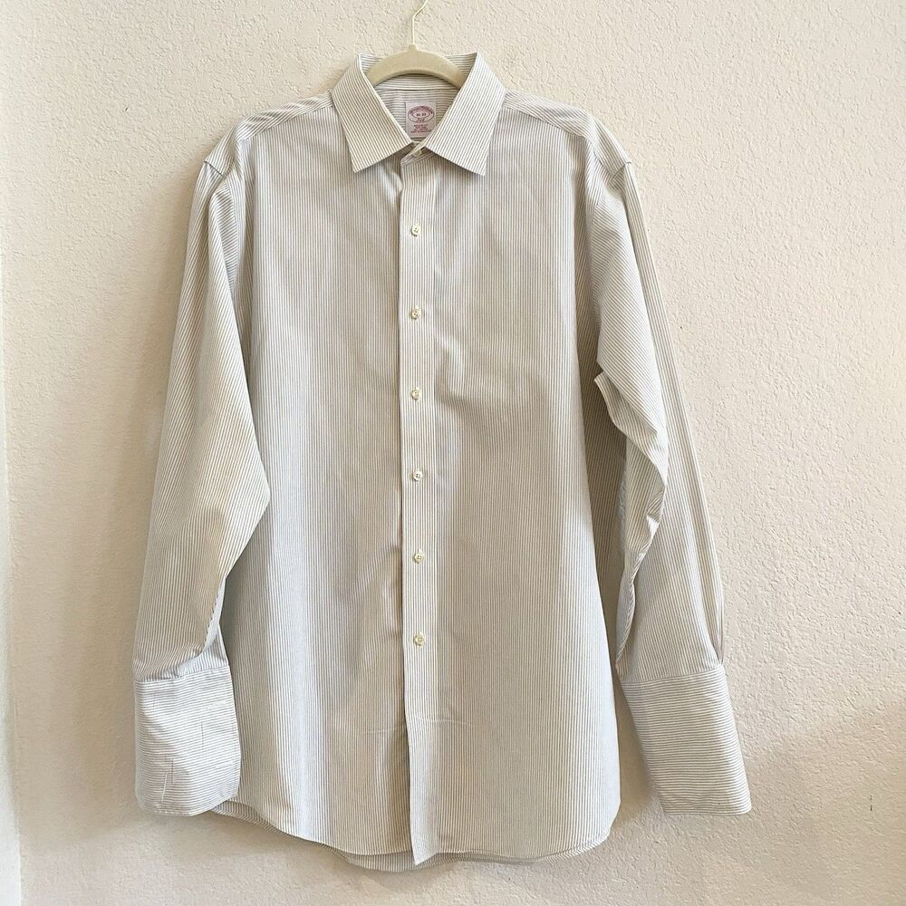 Brooks Brothers 346 Regular Fit French Cuff Dress Shirt 16-33 Beige Blue‎ Stripe